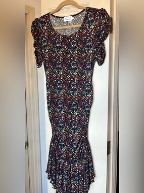Tanya Taylor Black Floral Short-Sleeve Dress with Multicolor Blooms